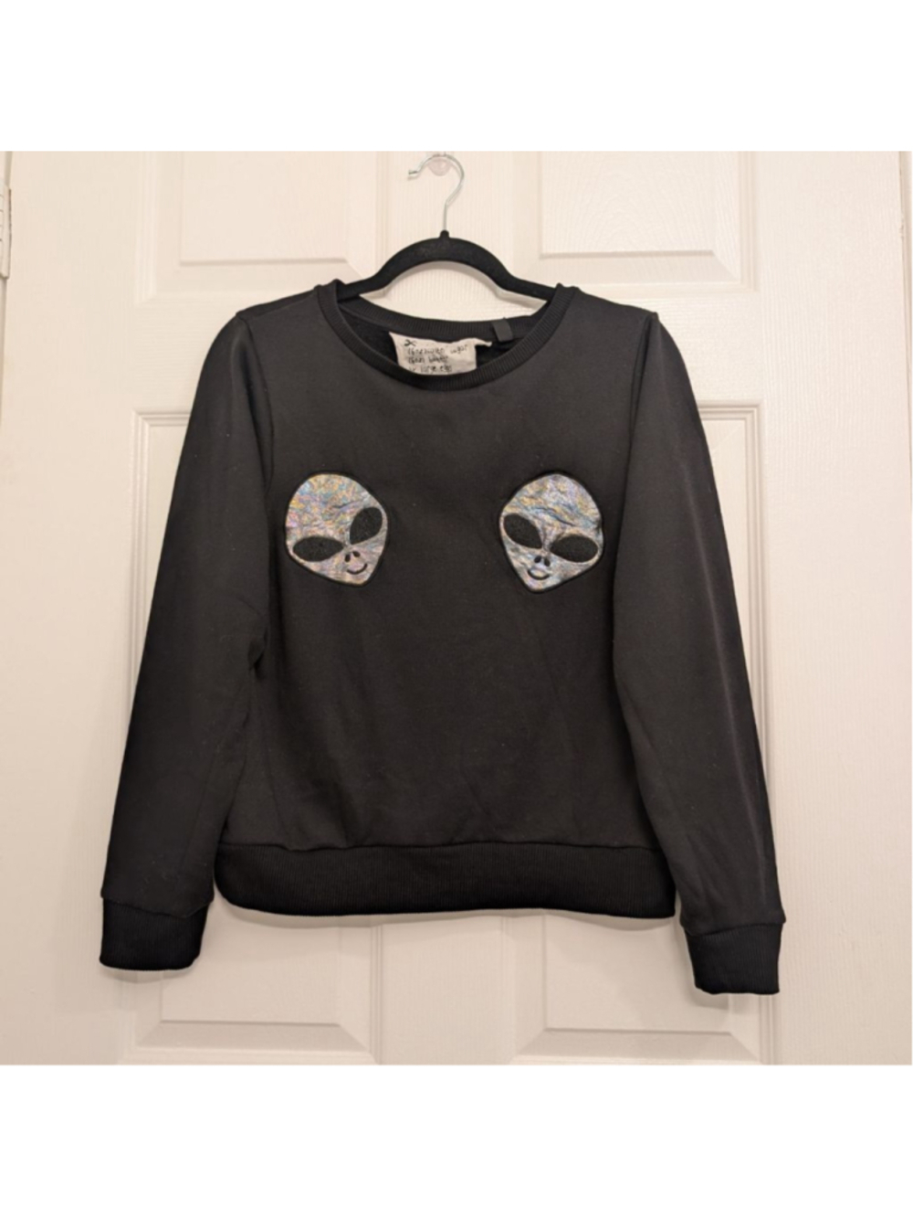 Holographic Alien Patch Black Crewneck Sweatshirt TopShop Y2K Style Pullover 4